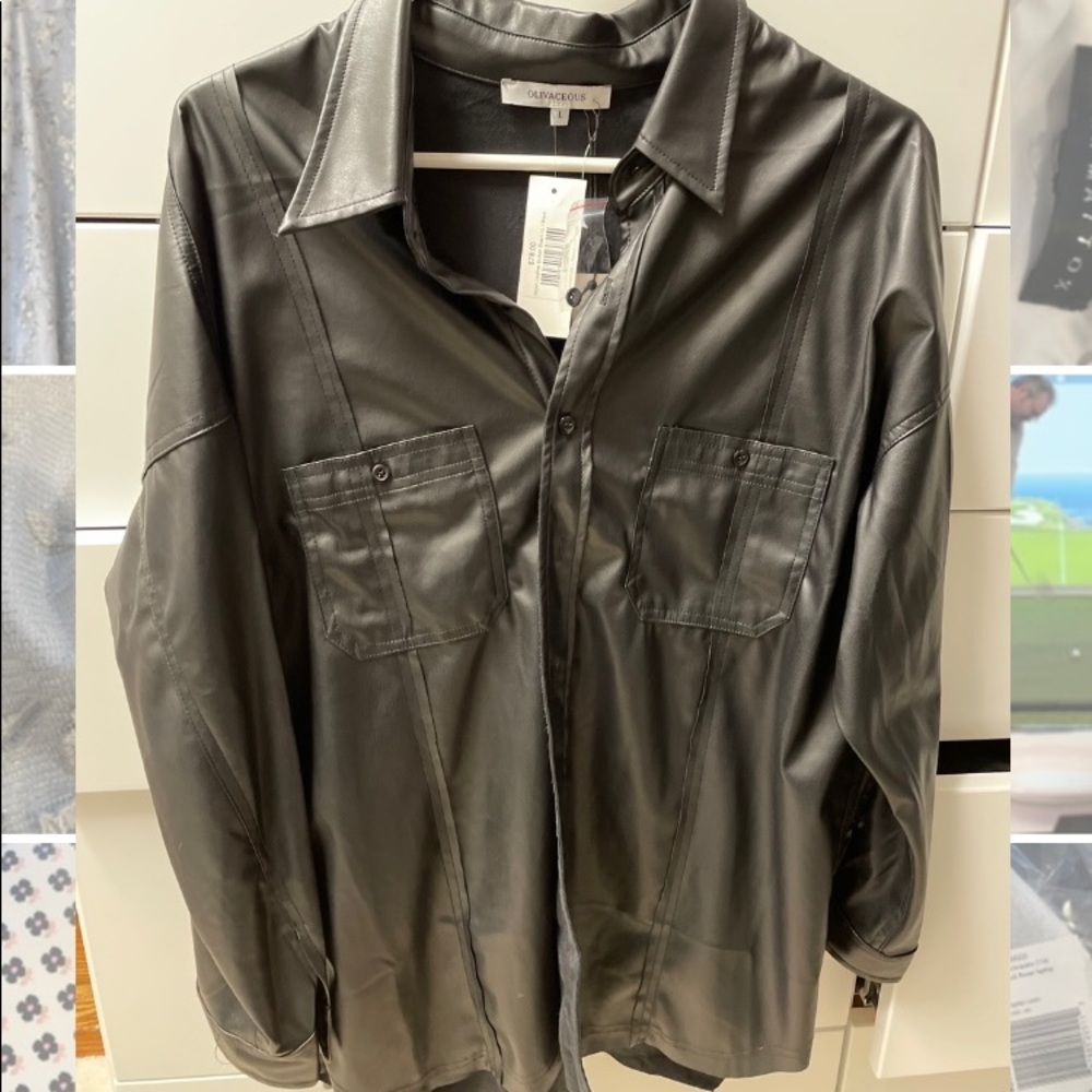 Leather like black button front shirt